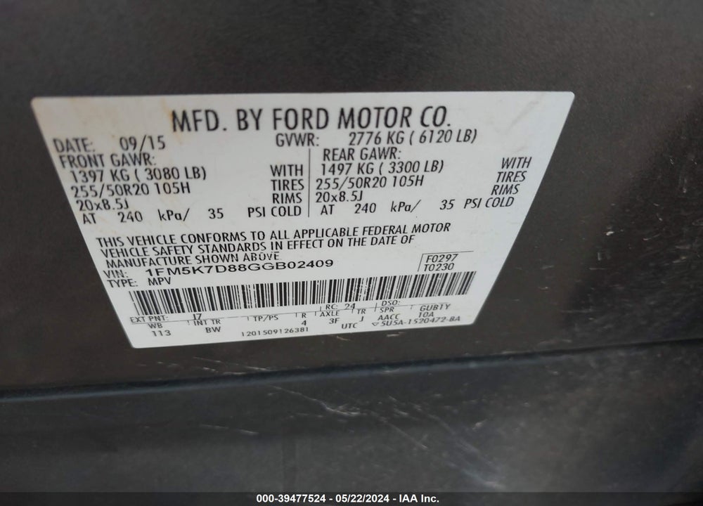 2016 FORD EXPLORER XLT VIN: 1FM5K7D88GGB02409