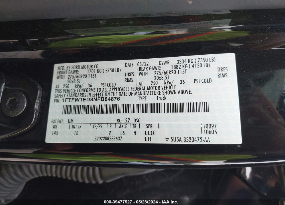 2022 FORD F-150 XLT VIN: 1FTFW1ED8NFB84876