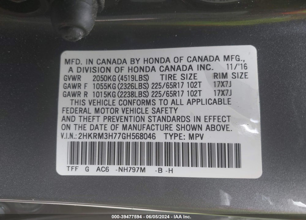 2016 HONDA CR-V EX-L VIN: 2HKRM3H77GH568046