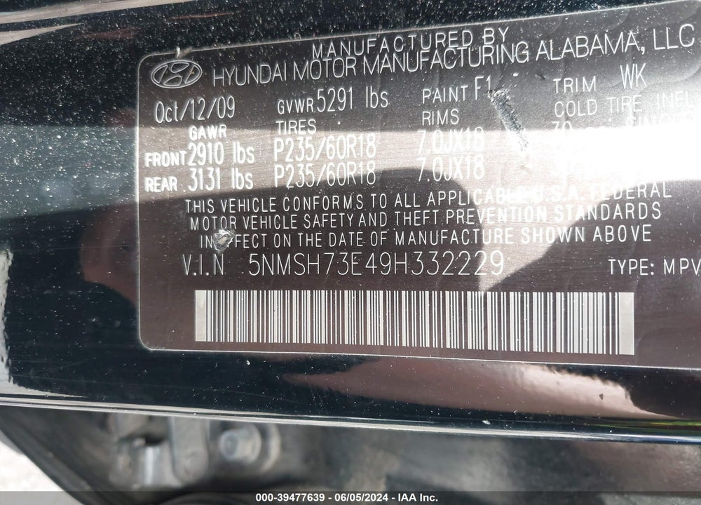 2009 HYUNDAI SANTA FE LIMITED VIN: 5NMSH73E49H332229