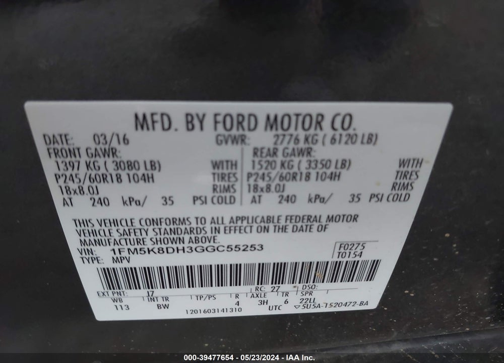 2016 FORD EXPLORER XLT VIN: 1FM5K8DH3GGC55253