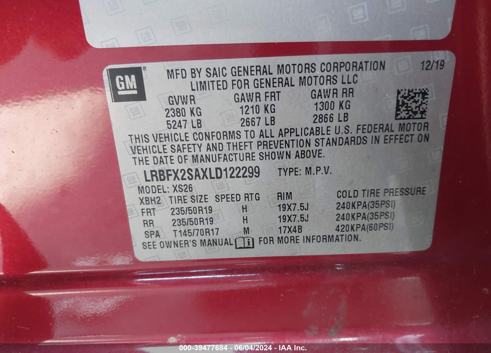 2020 BUICK ENVISION AWD ESSENCE VIN: LRBFX2SAXLD122299