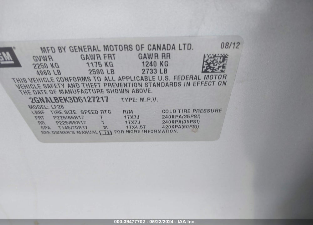 2013 CHEVROLET EQUINOX LS VIN: 2GNALBEK3D6127217
