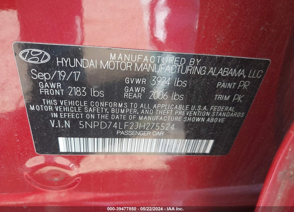2018 HYUNDAI ELANTRA VIN: 5NPD74LF2JH275524