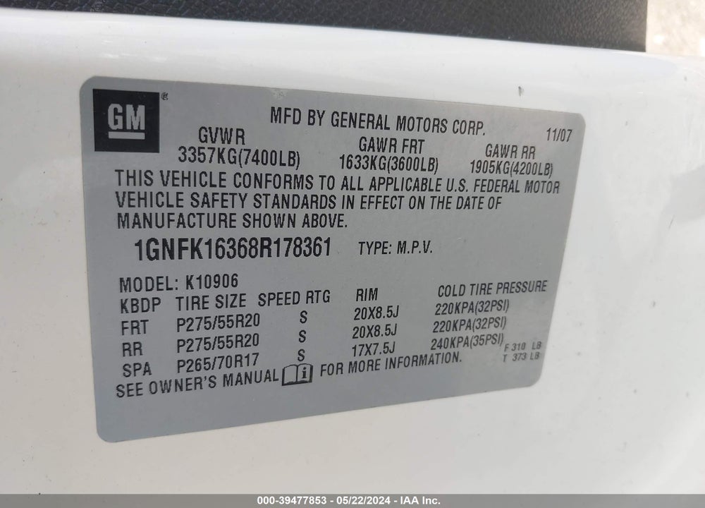 2008 CHEVROLET SUBURBAN 1500 LTZ VIN: 1GNFK16368R178361