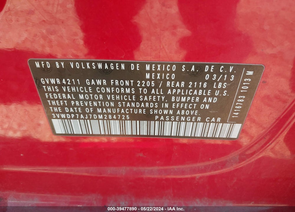 2013 VOLKSWAGEN JETTA 2.5L SE VIN: 3VWDP7AJ7DM284725