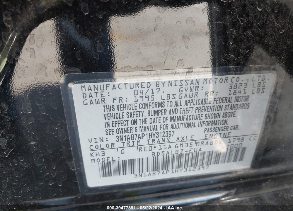 2017 NISSAN SENTRA S VIN: 3N1AB7AP1HY312397