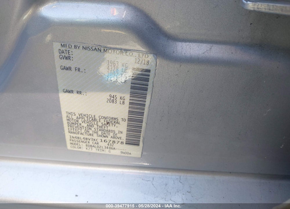 2019 NISSAN ALTIMA 2.5 S VIN: 1N4BL4BV3KC167878