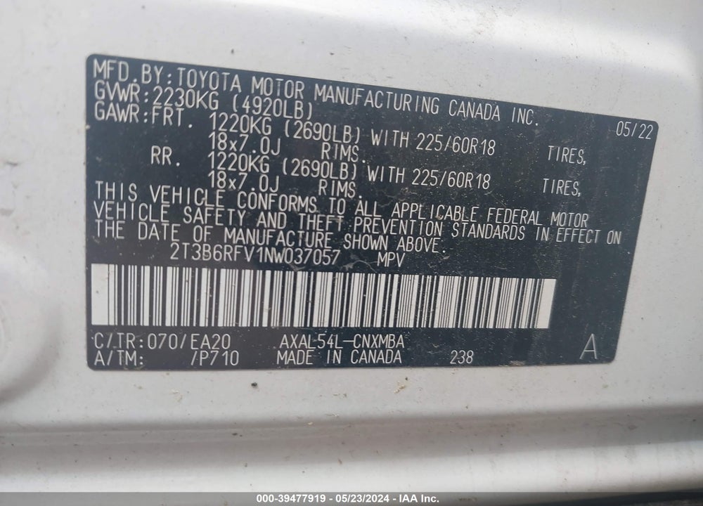 2022 TOYOTA RAV4 XLE PREMIUM HYBRID VIN: 2T3B6RFV1NW037057