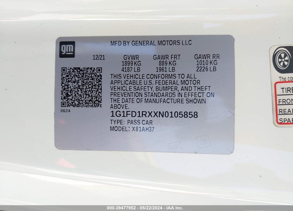 2022 CHEVROLET CAMARO RWD 2LT VIN: 1G1FD1RXXN0105858