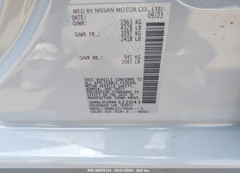 2024 NISSAN ALTIMA SR FWD VIN: 1N4BL4CV9RN322043