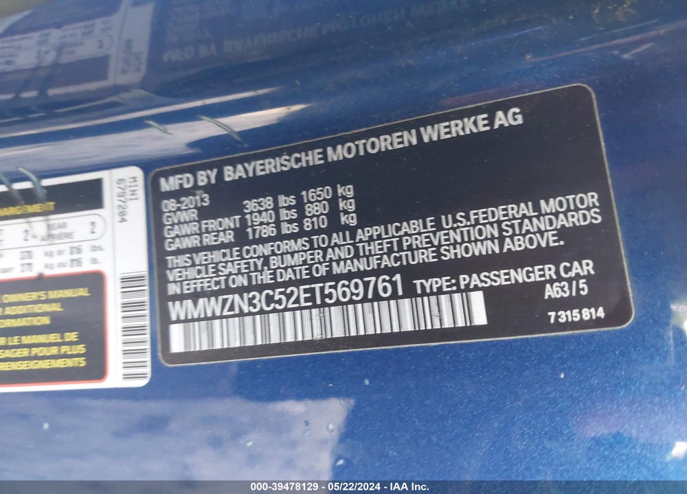 2014 MINI CONVERTIBLE COOPER VIN: WMWZN3C52ET569761