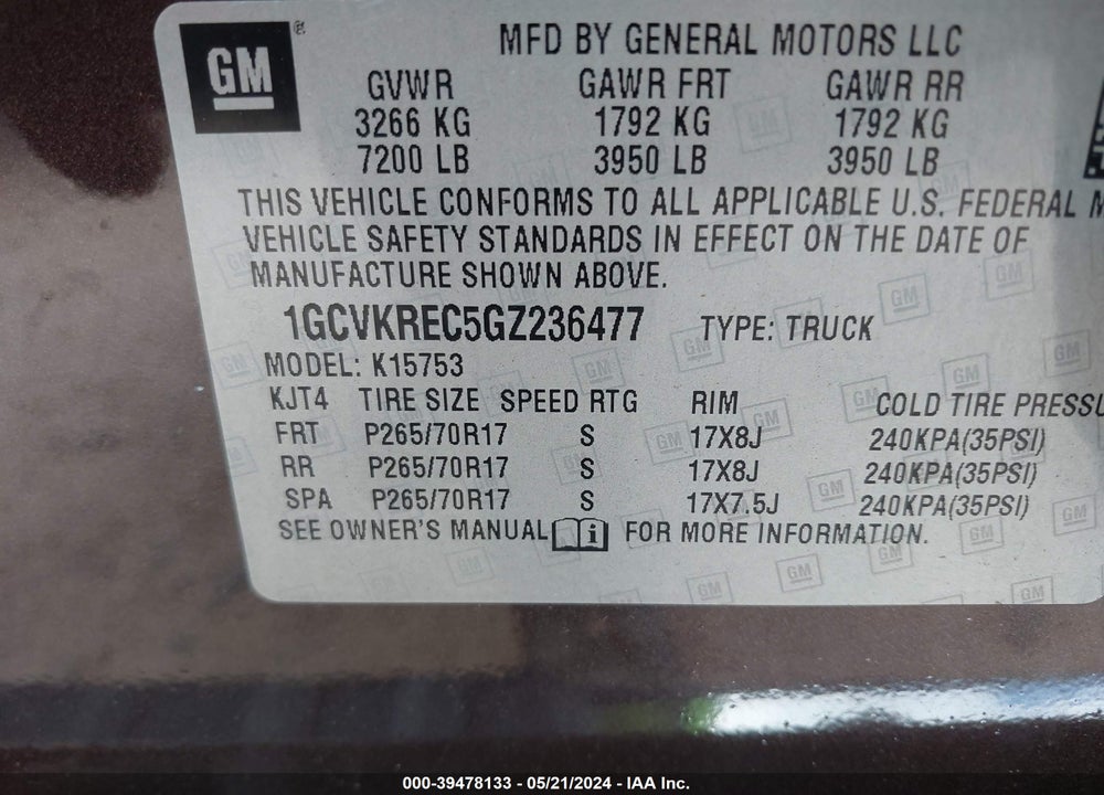 2016 CHEVROLET SILVERADO 1500 1LT VIN: 1GCVKREC5GZ236477