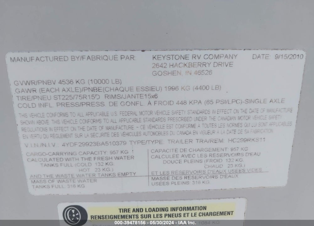 2011 KEYSTONE COUGAR HIGH COUNTRY VIN: 4YDF29923BA510379