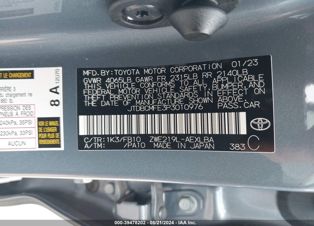 2023 TOYOTA COROLLA HYBRID LE VIN: JTDBCMFE3P3010976