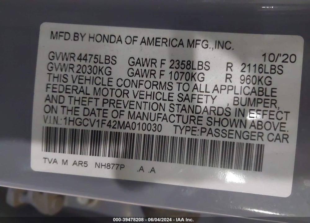 2021 HONDA ACCORD SPORT SPECIAL EDITION VIN: 1HGCV1F42MA010030