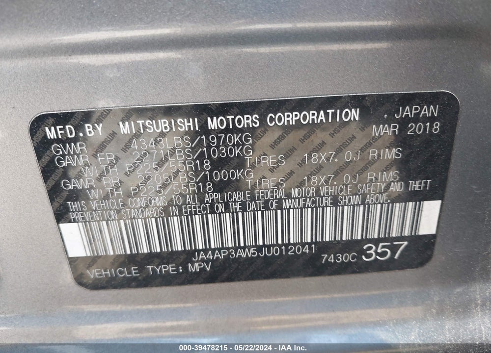 2018 MITSUBISHI OUTLANDER SPORT 2.4 SE VIN: JA4AP3AW5JU012041
