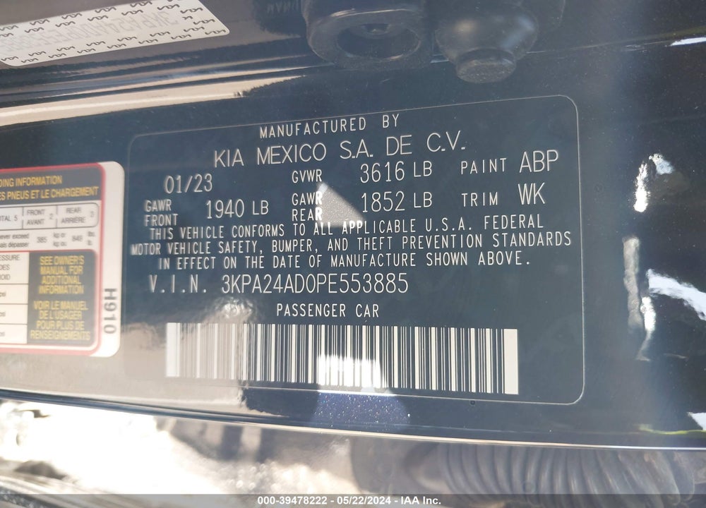 2023 KIA RIO LX VIN: 3KPA24AD0PE553885