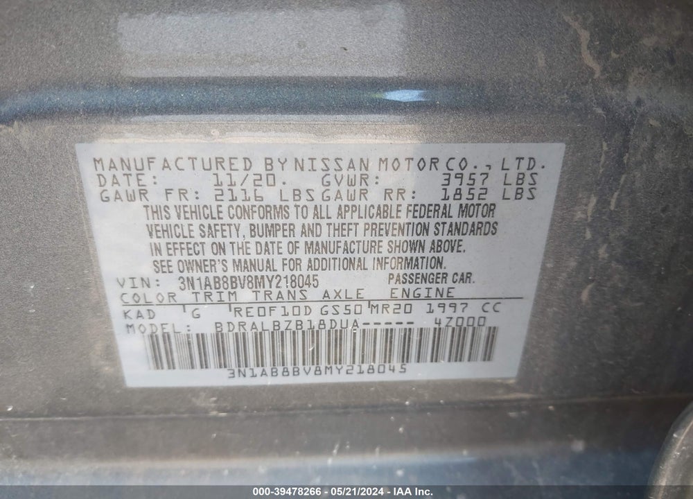 2021 NISSAN SENTRA S XTRONIC CVT VIN: 3N1AB8BV8MY218045