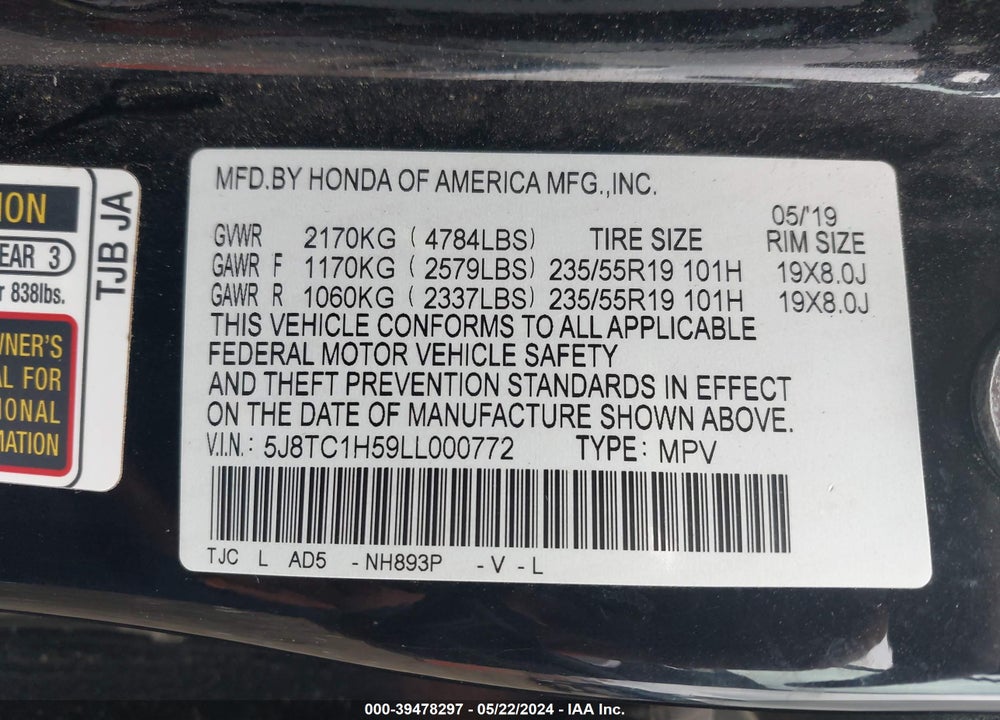 2020 ACURA RDX TECHNOLOGY PACKAGE VIN: 5J8TC1H59LL000772
