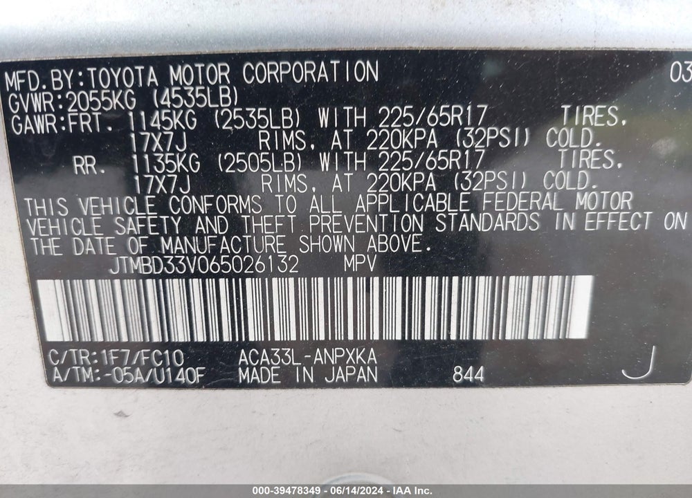 2006 TOYOTA RAV4 VIN: JTMBD33V065026132