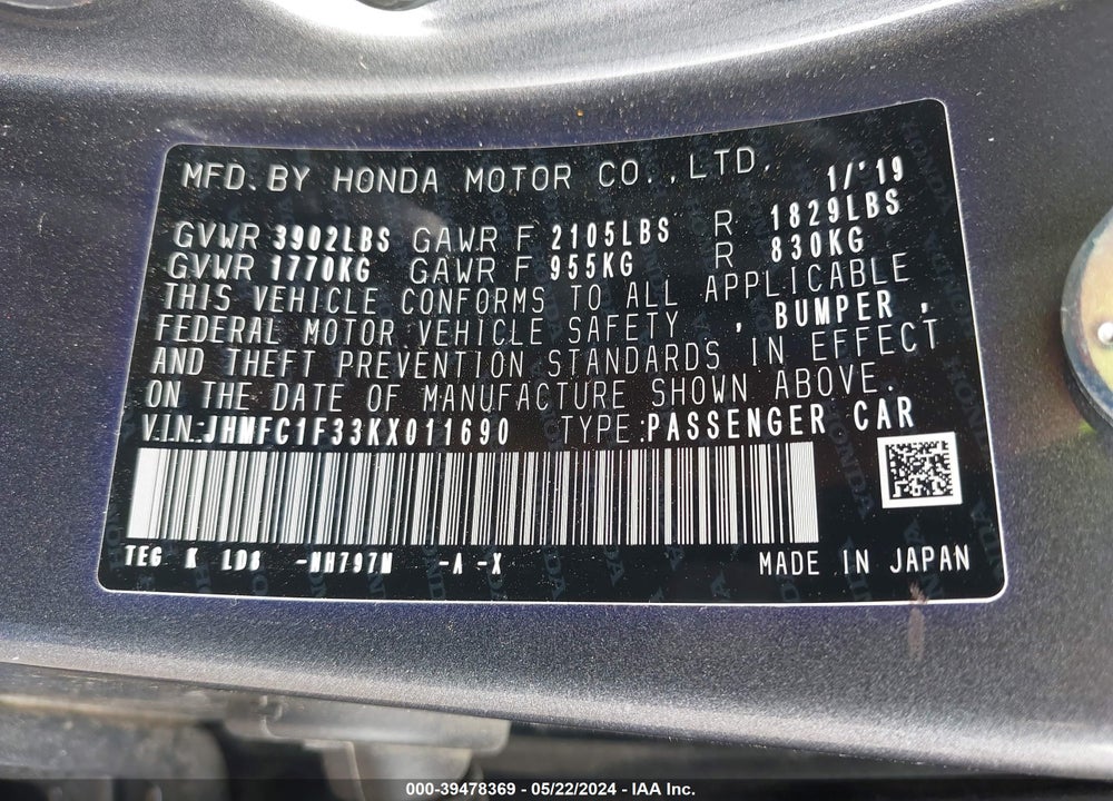 2019 HONDA CIVIC EX VIN: JHMFC1F33KX011690