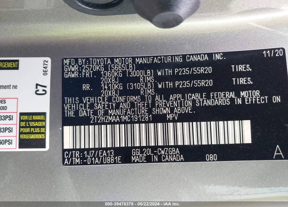 2021 LEXUS RX 350 VIN: 2T2HZMAA1MC191281