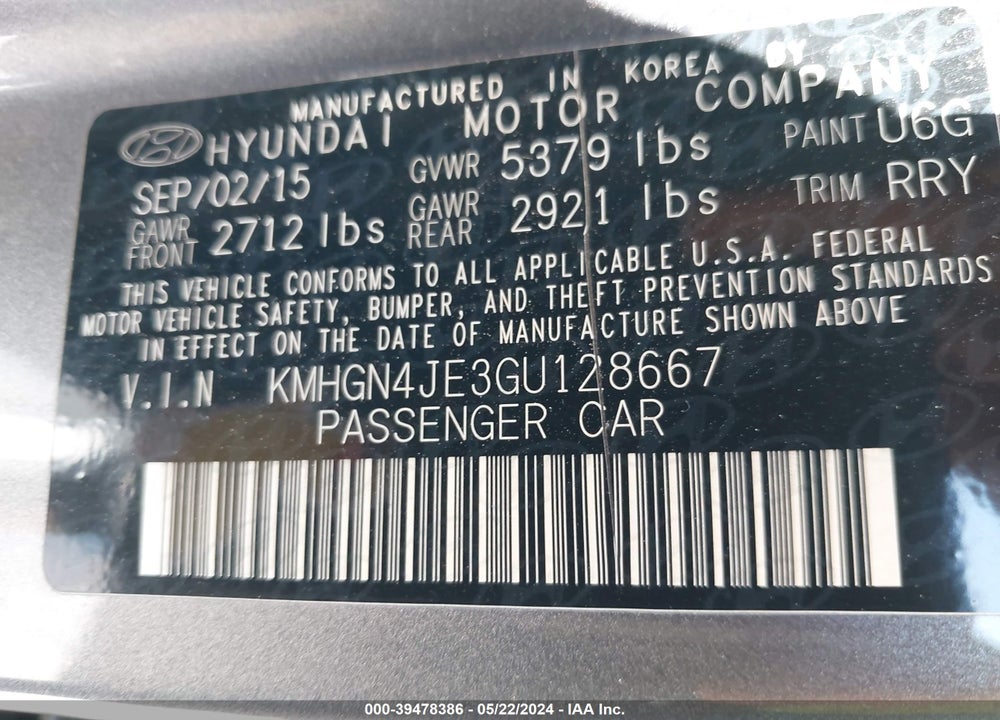 2016 HYUNDAI GENESIS 3.8 VIN: KMHGN4JE3GU128667