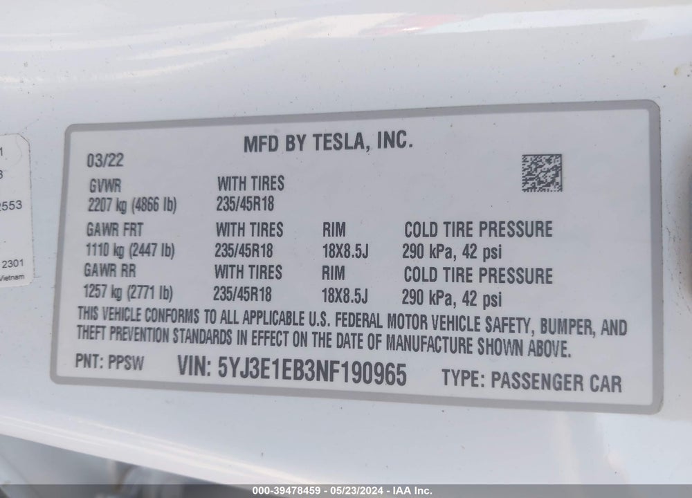 2022 TESLA MODEL 3 LONG RANGE DUAL MOTOR ALL-WHEEL DRIVE VIN: 5YJ3E1EB3NF190965