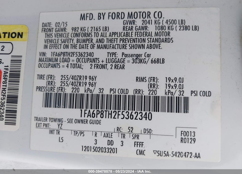 2015 FORD MUSTANG ECOBOOST VIN: 1FA6P8TH2F5362340