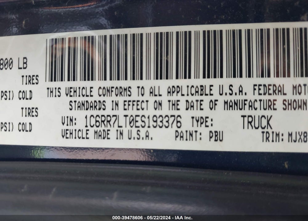 2014 RAM 1500 BIG HORN VIN: 1C6RR7LT0ES193376