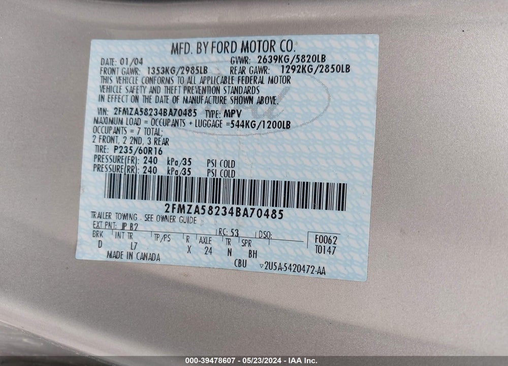 2004 FORD FREESTAR LIMITED VIN: 2FMZA58234BA70485
