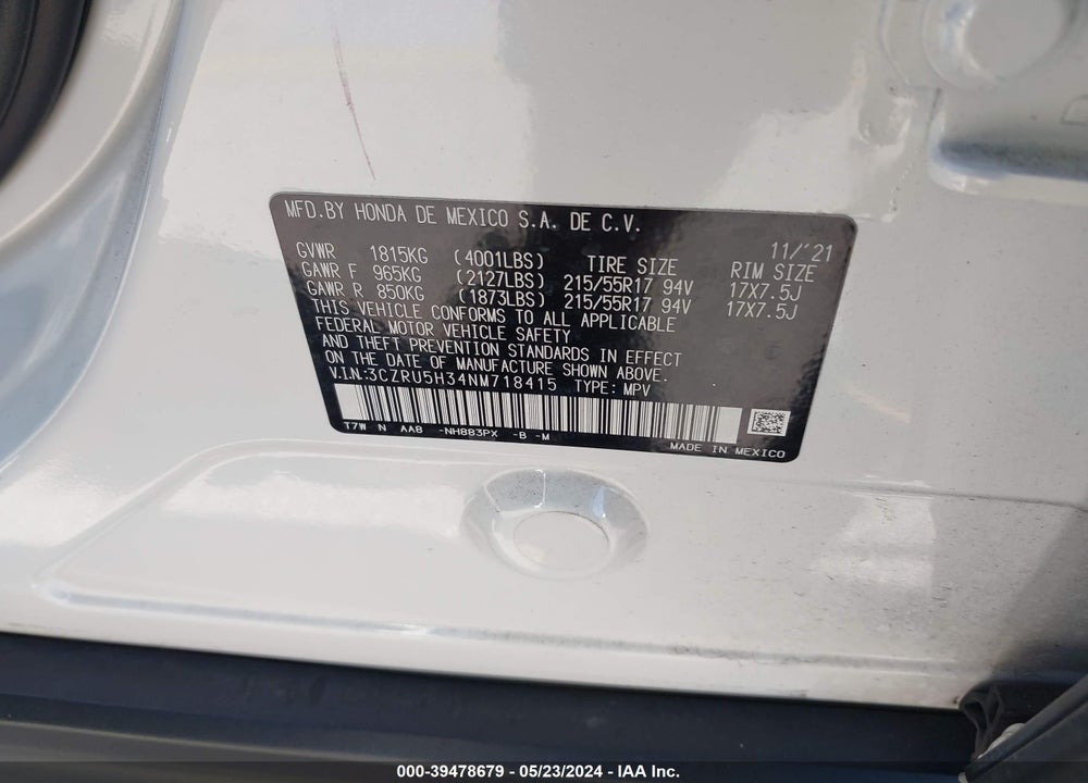 2022 HONDA HR-V 2WD LX VIN: 3CZRU5H34NM718415