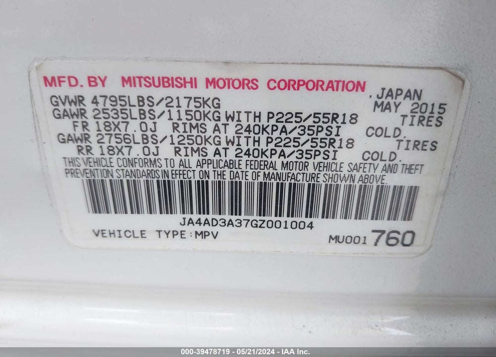 2016 MITSUBISHI OUTLANDER SEL VIN: JA4AD3A37GZ001004