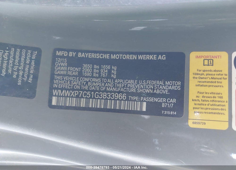 2016 MINI HARDTOP COOPER S VIN: WMWXP7C51G3B33966