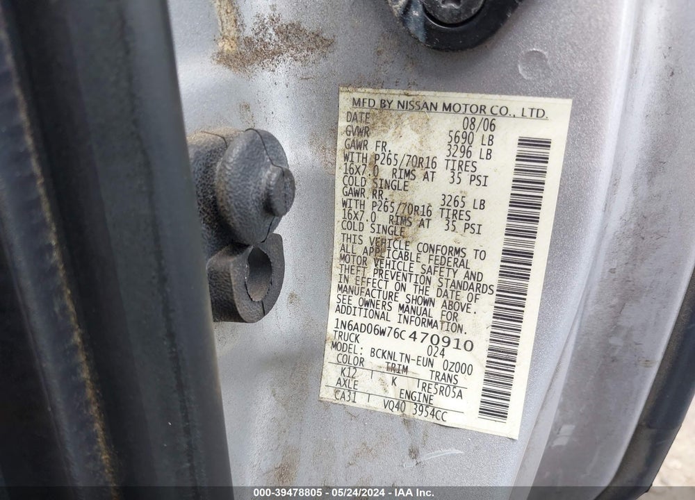 2006 NISSAN FRONTIER SE VIN: 1N6AD06W76C470910
