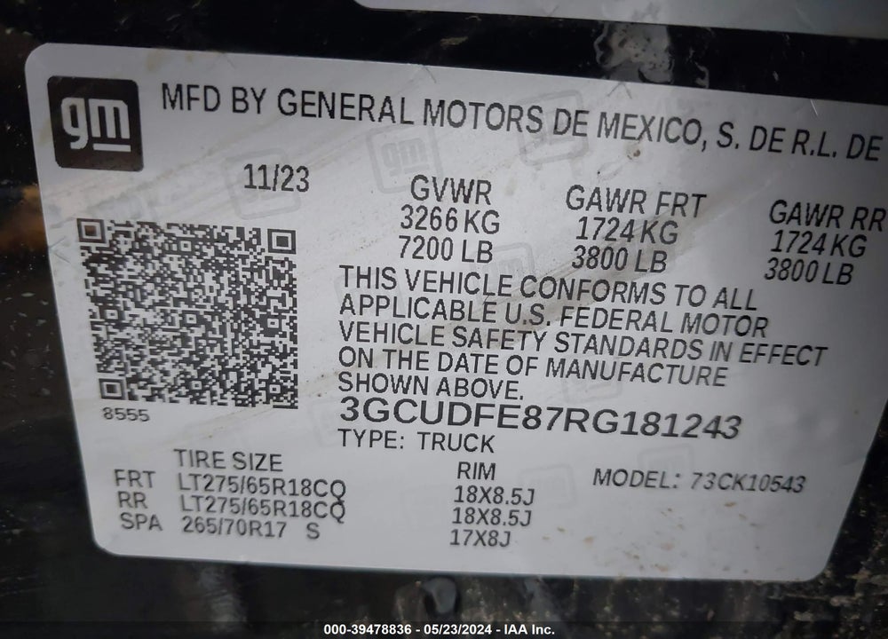 2024 CHEVROLET SILVERADO 1500 4WD SHORT BED LT TRAIL BOSS VIN: 3GCUDFE87RG181243
