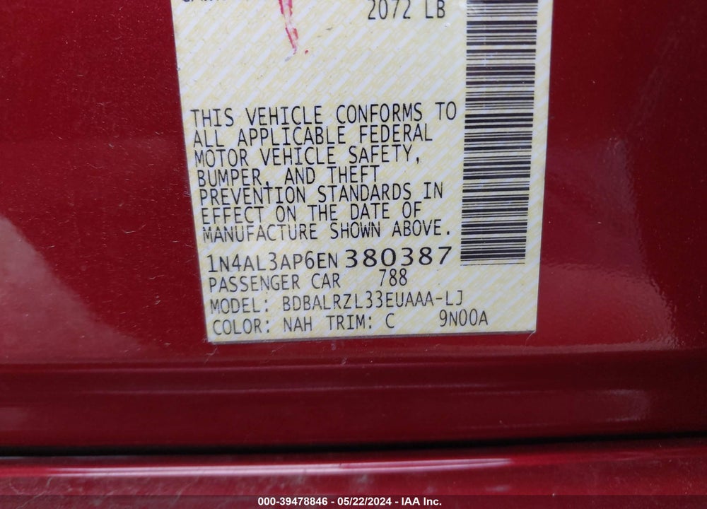 2014 NISSAN ALTIMA 2.5 S VIN: 1N4AL3AP6EN380387