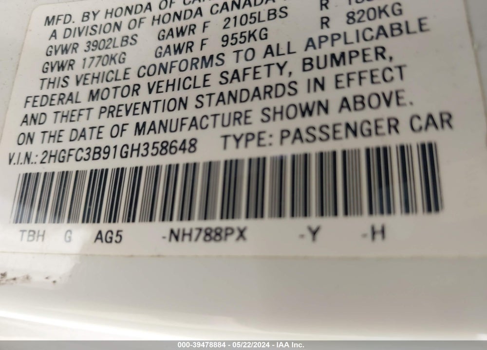 2016 HONDA CIVIC TOURING VIN: 2HGFC3B91GH358648