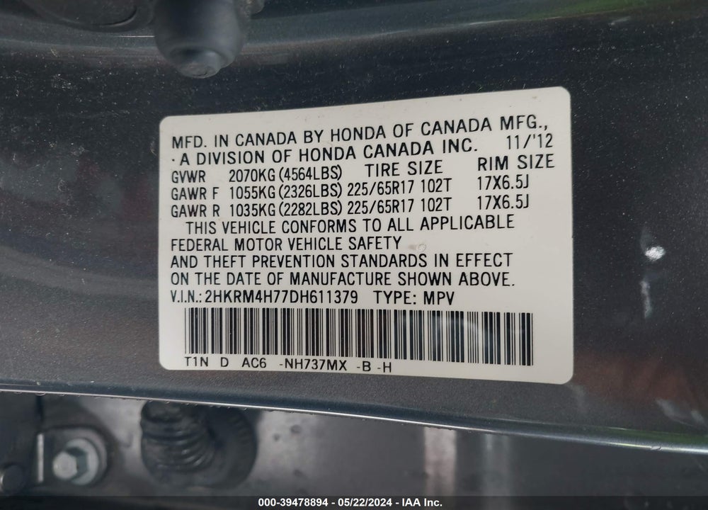 2013 HONDA CR-V EX-L VIN: 2HKRM4H77DH611379