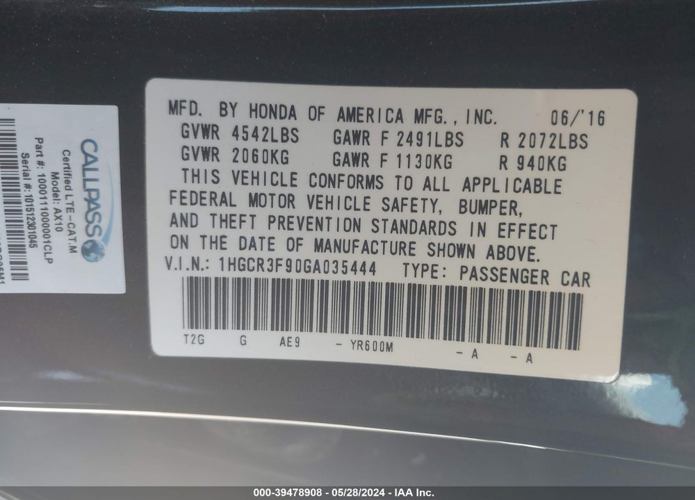 2016 HONDA ACCORD VIN: 1HGCR3F90GA035444