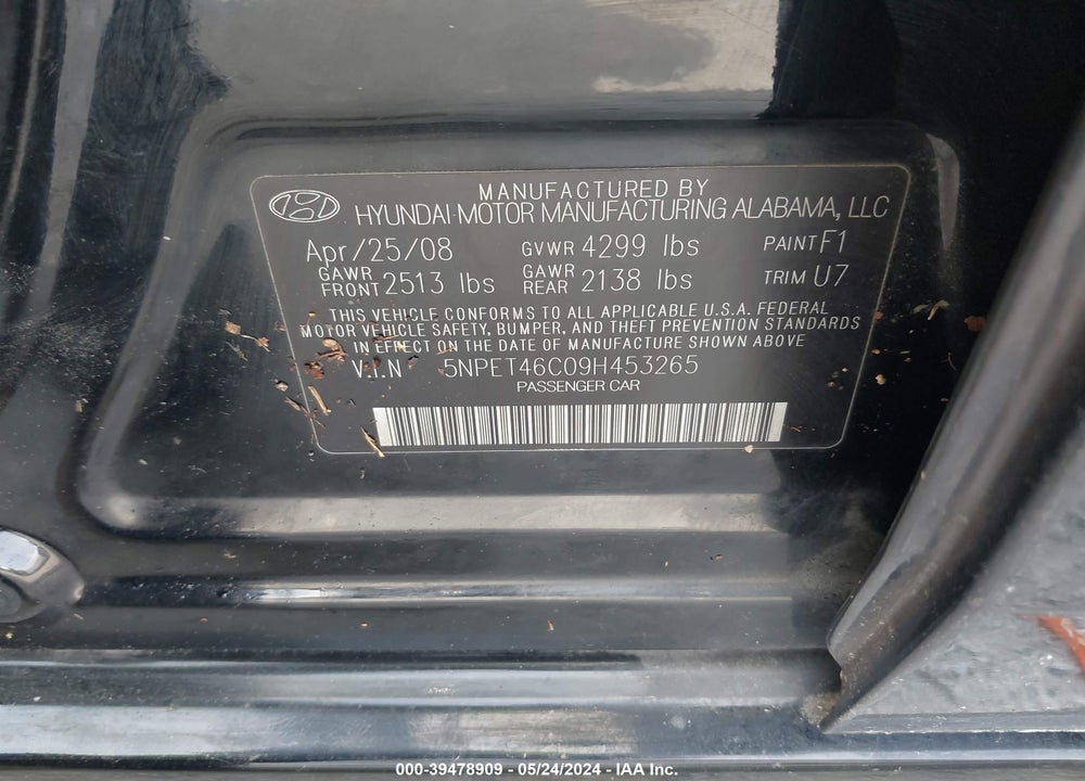 2009 HYUNDAI SONATA GLS VIN: 5NPET46C09H453265