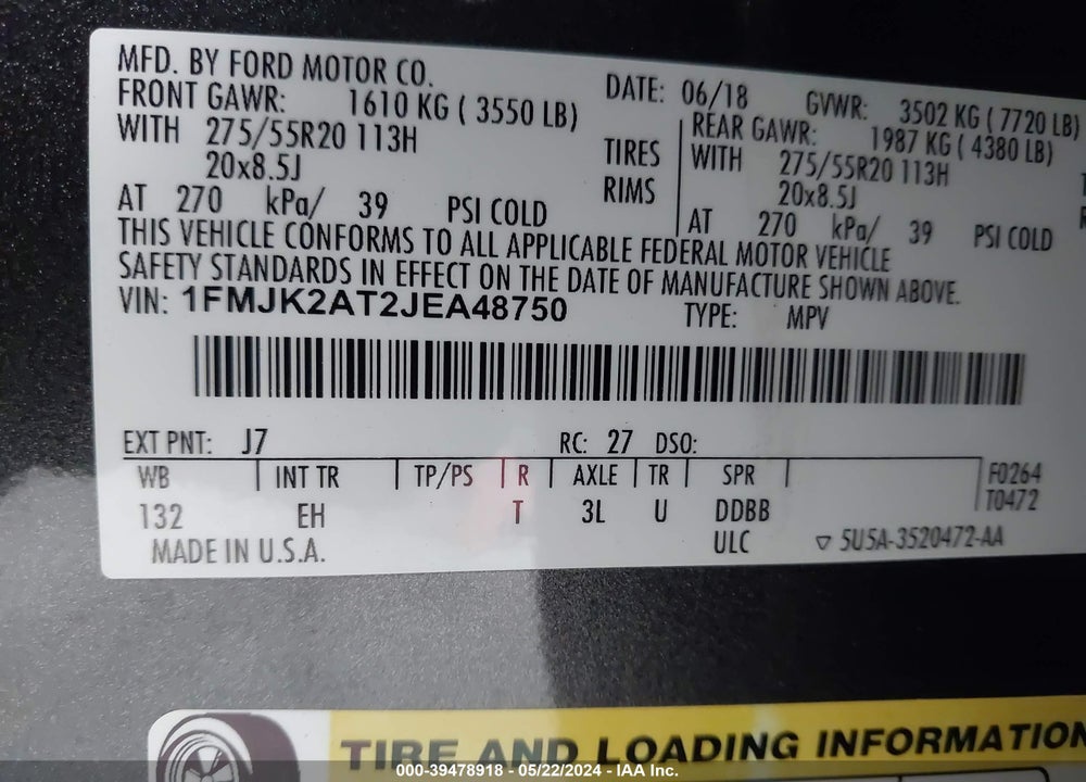 2018 FORD EXPEDITION MAX LIMITED VIN: 1FMJK2AT2JEA48750