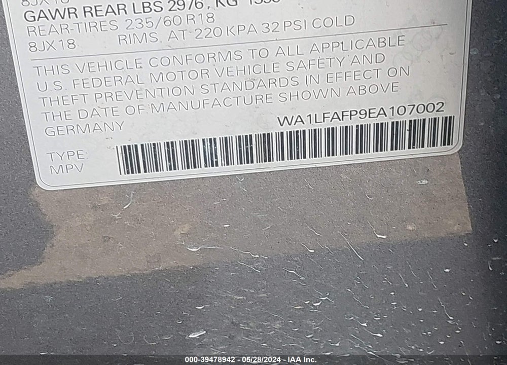 2014 AUDI Q5 2.0T PREMIUM VIN: WA1LFAFP9EA107002