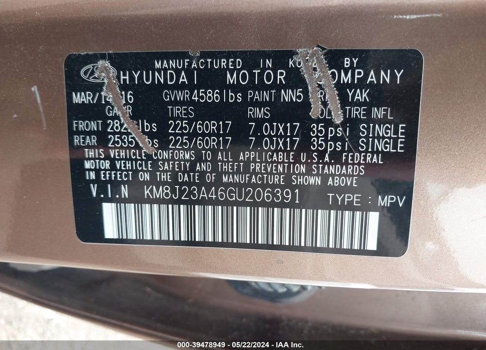 2016 HYUNDAI TUCSON SE VIN: KM8J23A46GU206391