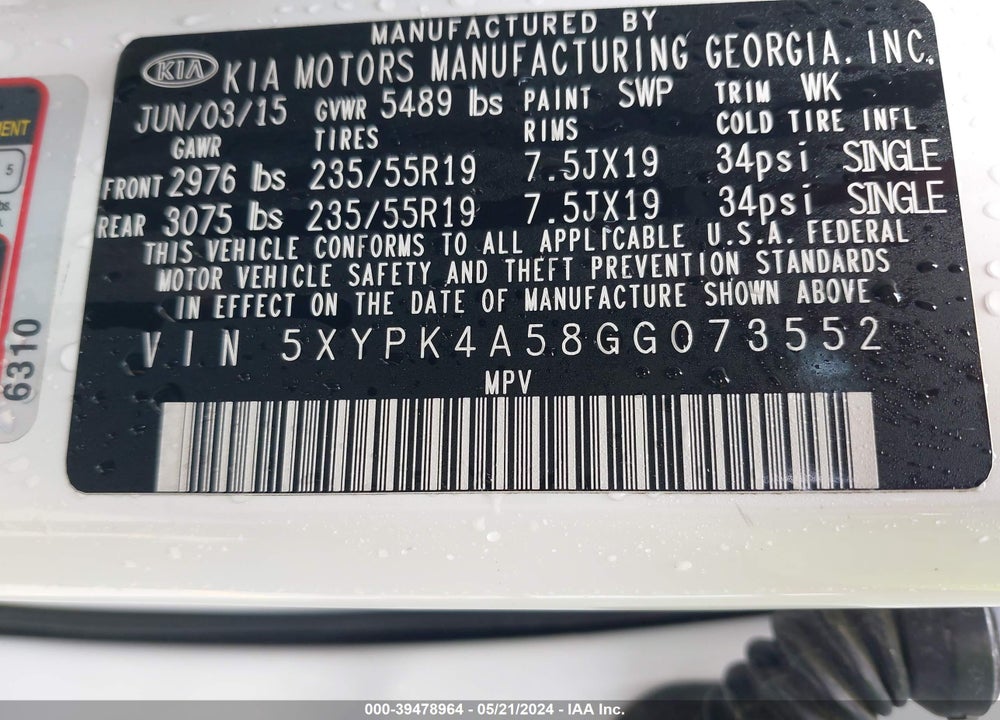 2016 KIA SORENTO 3.3L SX VIN: 5XYPK4A58GG073552