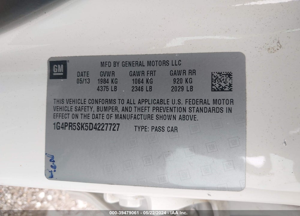 2013 BUICK VERANO CONVENIENCE GROUP VIN: 1G4PR5SK5D4227727