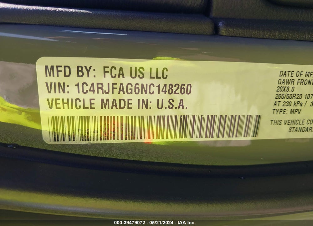 2022 JEEP GRAND CHEROKEE WK LAREDO X 4X4 VIN: 1C4RJFAG6NC148260