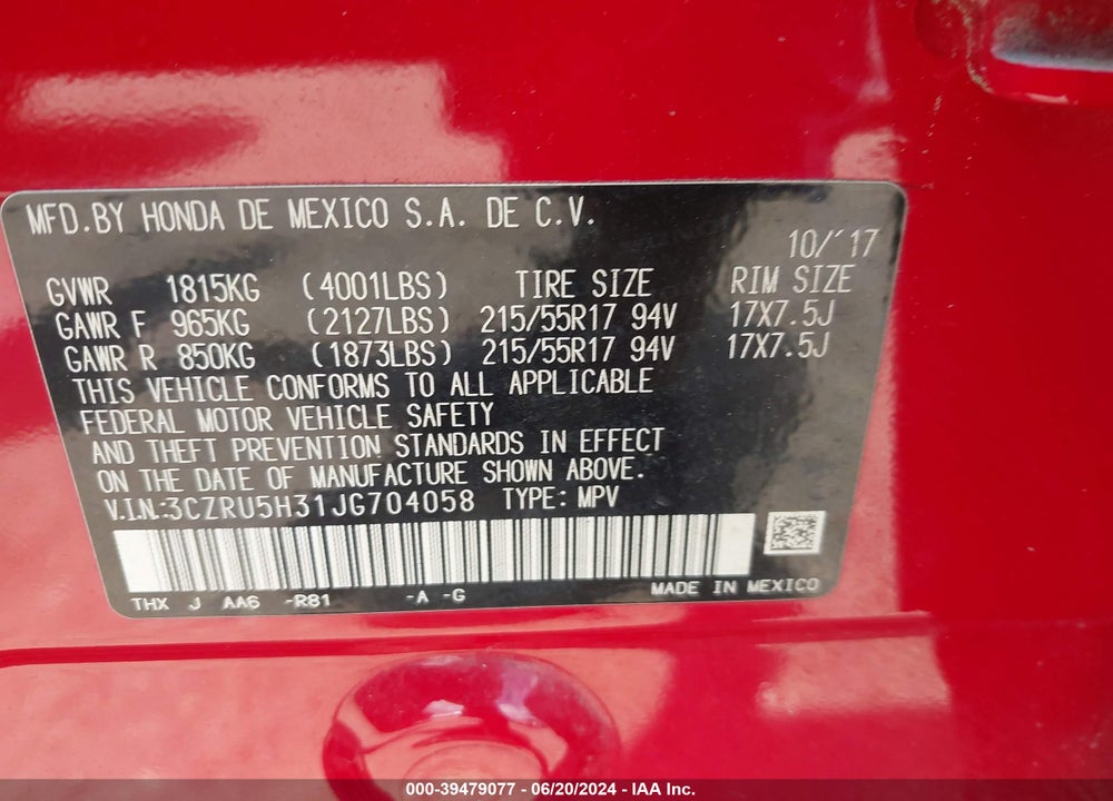 2018 HONDA HR-V LX VIN: 3CZRU5H31JG704058