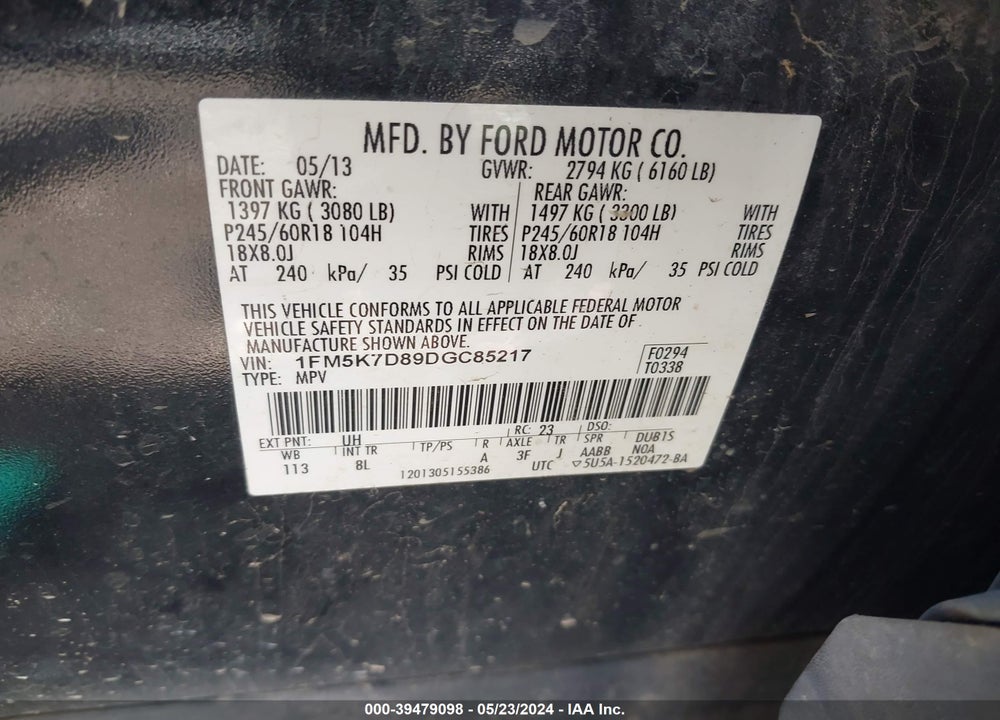 2013 FORD EXPLORER XLT VIN: 1FM5K7D89DGC85217
